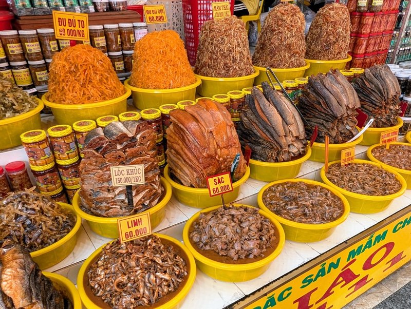 Fermented fish of various kinds. Note 60,000 VND is like $2.35 US, price per kilogram.